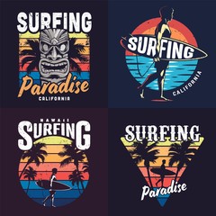 Vintage colorful surfing prints set