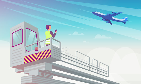 Airport Manager Looks at Plane Flat Illustration.