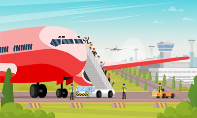 Happy Passengers Board Airplane Flat Illustration