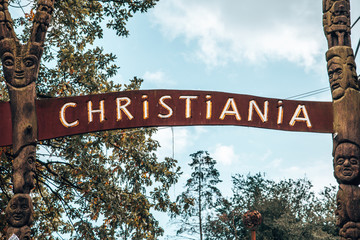 March 10, 2019. Copenhagen, Denmark. Christiania district entrance sign.