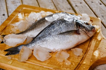 Fish seafood dorado, raw food,  gilt-head.Fish seafood dorado raw with ice,  eating.
