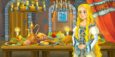 Cartoon fairy tale scene with princess by the table full of food - illustration for children