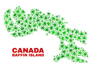 Vector cannabis Baffin Island map collage. Concept with green weed leaves for weed legalize campaign. Vector Baffin Island map is constructed of cannabis leaves.