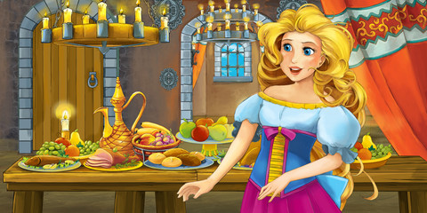 Obraz na płótnie Canvas Cartoon fairy tale scene with princess by the table full of food - illustration for children
