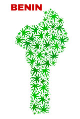Vector cannabis Benin map mosaic. Concept with green weed leaves for marijuana legalize campaign. Vector Benin map is created with marijuana leaves.