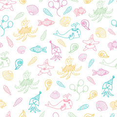 Funny octopus, jellyfish, starfish, whale, fishes and seashells vector nautical seamless pattern background for kids and summer projects. Cute sea animals print for fabric, packaging, gift wrap, cards