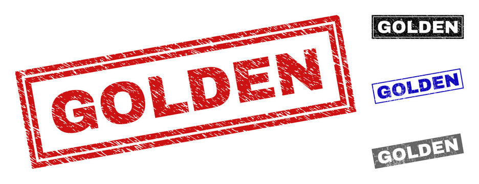 Grunge GOLDEN rectangle stamp seals isolated on a white background. Rectangular seals with grunge texture in red, blue, black and gray colors.