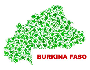 Vector cannabis Burkina Faso map mosaic. Concept with green weed leaves for marijuana legalize campaign. Vector Burkina Faso map is designed with cannabis leaves.