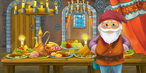 Cartoon fairy tale scene with dwarf prince by the table full of food - illustration for children