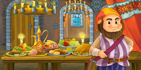 Cartoon fairy tale scene with dwarf prince by the table full of food - illustration for children