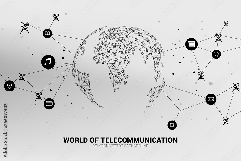 Poster Vector Polygon antenna tower icon connect line to world map shape. Concept for international telecom service and network.