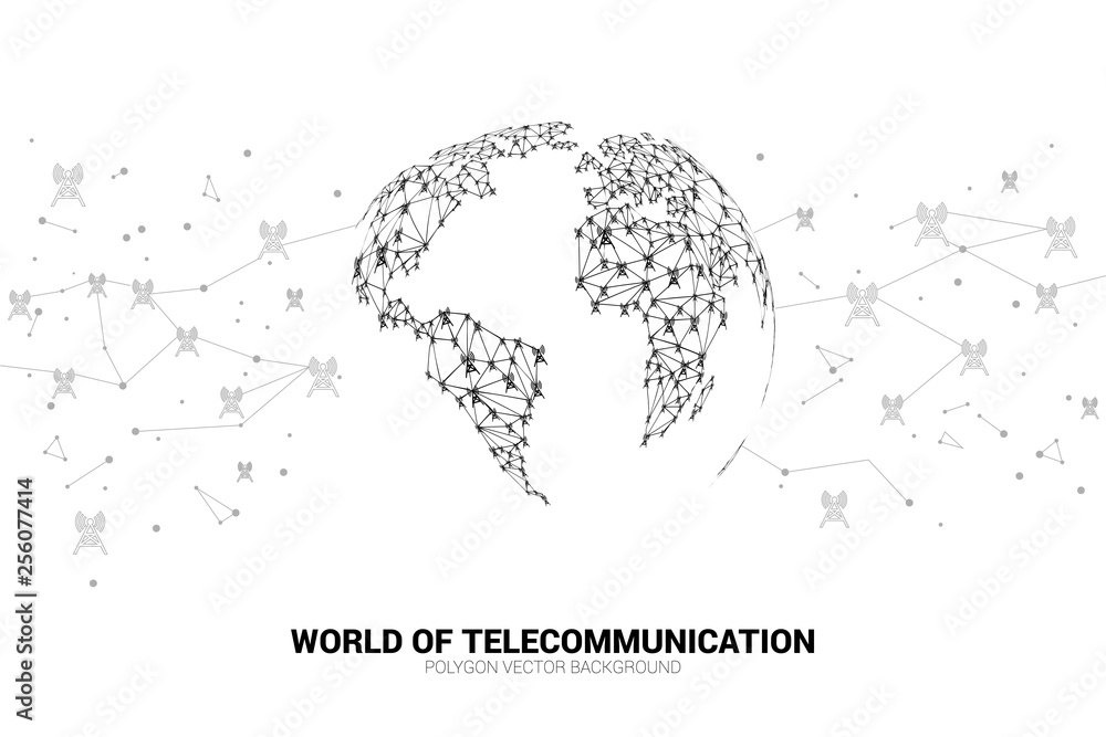 Poster Vector Polygon antenna tower icon connect line to world map shape. Concept for international telecom service and network.
