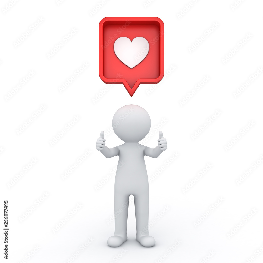 Poster 3d man standing and showing like thumbs up both hands with red social media notification love like heart icon pin above his head isolated on white background with shadow 3D rendering