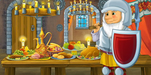 Cartoon fairy tale scene with dwarf prince by the table full of food - illustration for children