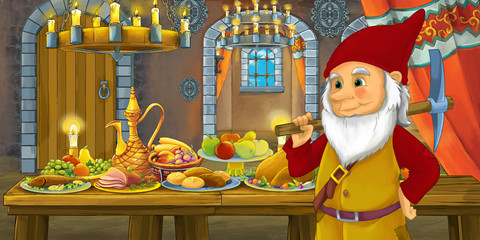 Cartoon fairy tale scene with dwarf prince by the table full of food - illustration for children