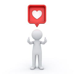 3d man standing and showing like thumbs up both hands with red social media notification love like heart icon pin above his head isolated on white background with shadow 3D rendering
