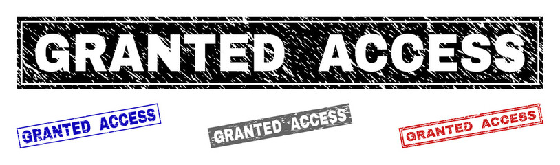 Grunge GRANTED ACCESS rectangle stamp seals isolated on a white background. Rectangular seals with distress texture in red, blue, black and gray colors.