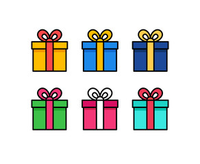 Set of gift box with ribbon. Box line icons. Surprising gift box. Vector illustration.