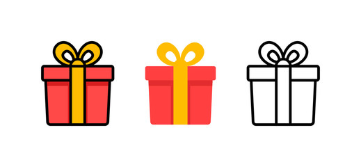Set of gift box with ribbon. Box line icons. Surprising gift box. Vector illustration.