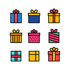 Set of gift box with ribbon. Box line icons. Surprising gift box. Vector illustration.