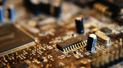 Close up of Electronic Circuits in Technology on Mainboard, system board or mobo. Computer...