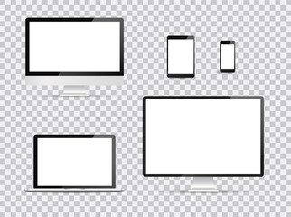 Electronic devices, web design vector template with laptop, tablet, smartphone, computer. Flat design, vector illustration on background.