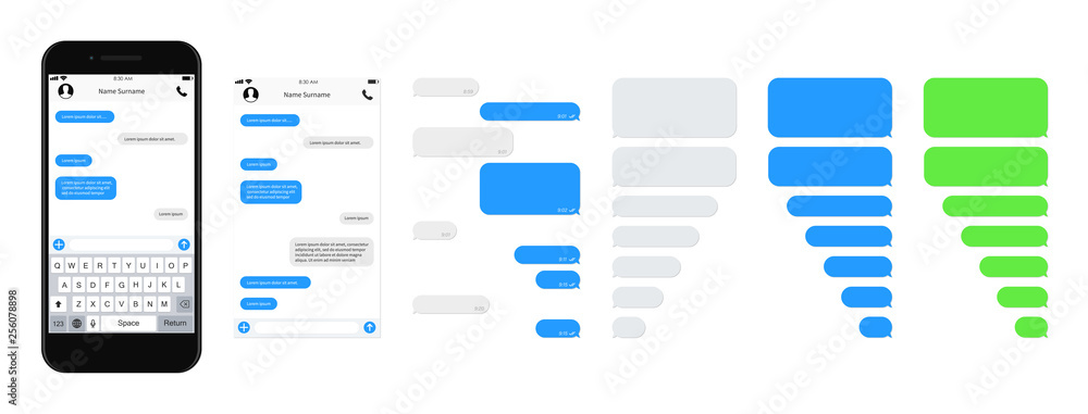 Poster smartphone chatting sms template bubbles. sms chat composer. place your own text to the message. pho