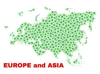 Vector marijuana Europe and Asia map mosaic. Concept with green weed leaves for cannabis legalize campaign. Vector Europe and Asia map is formed with weed leaves.
