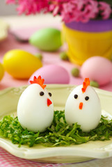 Funny chickens from eggs on the Easter table.
