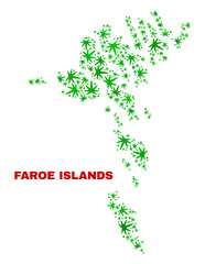 Vector cannabis Faroe Islands map collage. Template with green weed leaves for weed legalize campaign. Vector Faroe Islands map is formed with cannabis leaves.