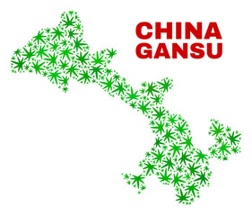 Vector marijuana Gansu Province map mosaic. Concept with green weed leaves for marijuana legalize campaign. Vector Gansu Province map is organized with weed leaves.