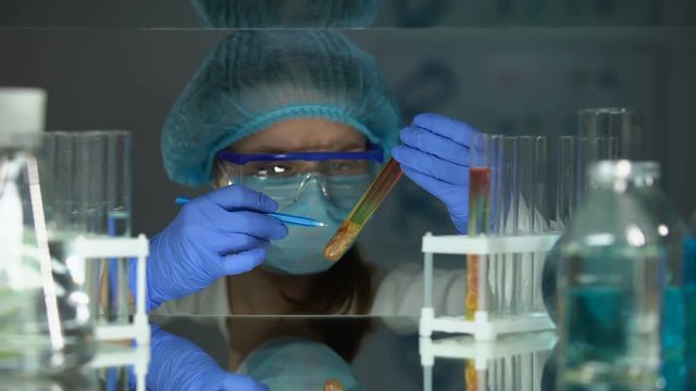 Scientist looking at meat sample in tube, writing down and analyzing test result