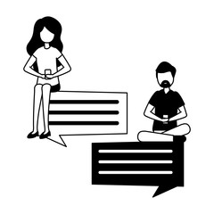 couple with smartphone and speech bubble