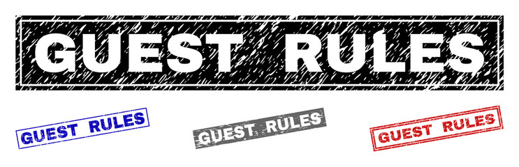 Grunge GUEST RULES rectangle stamp seals isolated on a white background. Rectangular seals with grunge texture in red, blue, black and gray colors.