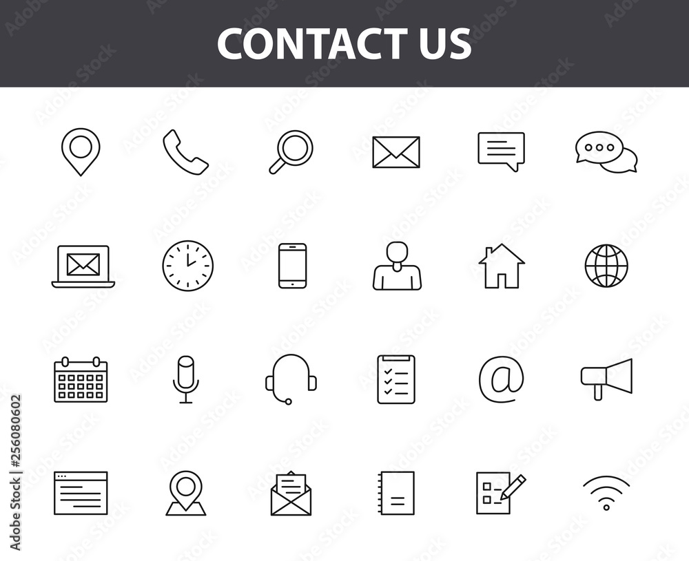 Poster set of 24 contact us web icons in line style. web and mobile icon. chat, support, message, phone. ve
