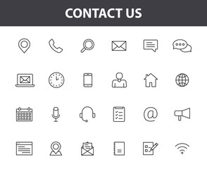 Set of 24 Contact Us web icons in line style. Web and mobile icon. Chat, support, message, phone. Vector illustration.