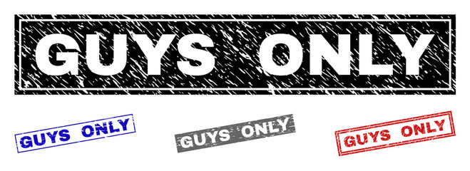 Grunge GUYS ONLY rectangle stamp seals isolated on a white background. Rectangular seals with grunge texture in red, blue, black and grey colors.