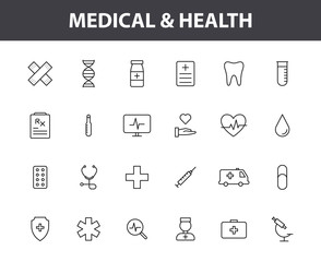Set of 24 Medical and Health web icons in line style. Medicine and Health Care, RX, infographic. Vector illustration.
