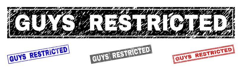 Grunge GUYS RESTRICTED rectangle stamp seals isolated on a white background. Rectangular seals with grunge texture in red, blue, black and grey colors.
