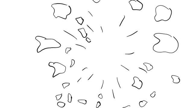 2d Animation motion graphics of a drawing of a male businessman head exploding shatter blowing in bits and pieces on white and black screen with in HD high definition.