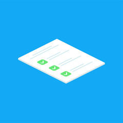 Isometric checklist icon. Checklist complete tasks, to-do list, survey, exam concepts. Best quality. Flat illustration of clipboard with checklist icon for web. Vector.