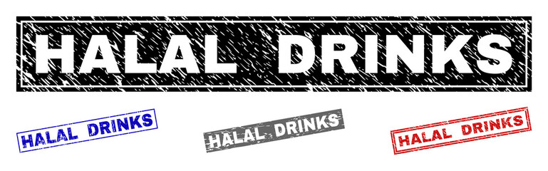 Grunge HALAL DRINKS rectangle stamp seals isolated on a white background. Rectangular seals with grunge texture in red, blue, black and gray colors.