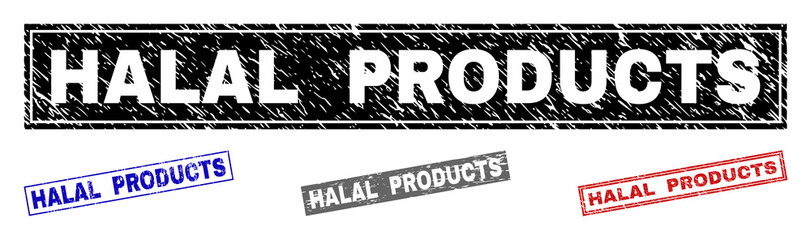 Grunge HALAL PRODUCTS rectangle stamp seals isolated on a white background. Rectangular seals with grunge texture in red, blue, black and grey colors.