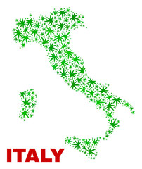 Vector cannabis Italy map mosaic. Concept with green weed leaves for weed legalize campaign. Vector Italy map is organized of weed leaves.