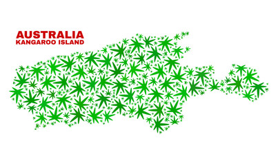 Vector marijuana Kangaroo Island map collage. Template with green weed leaves for weed legalize campaign. Vector Kangaroo Island map is formed with weed leaves.