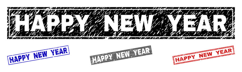 Grunge HAPPY NEW YEAR rectangle stamp seals isolated on a white background. Rectangular seals with grunge texture in red, blue, black and gray colors.
