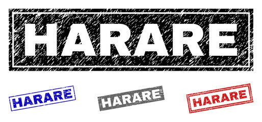 Grunge HARARE rectangle stamp seals isolated on a white background. Rectangular seals with grunge texture in red, blue, black and grey colors.