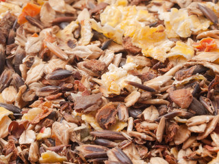 professional sportive horse  muesli  with black oats. macro shot.