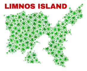 Vector cannabis Limnos Island map collage. Concept with green weed leaves for cannabis legalize campaign. Vector Limnos Island map is composed with cannabis leaves.