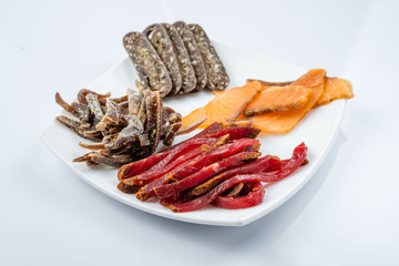 Smoked meat to beer. venison, meat sausage, salted red fish. beer kit. Meat dish